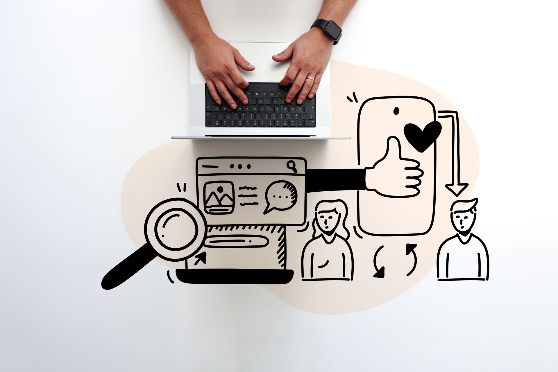 A man is traying to create digital content on hir computer with line icons