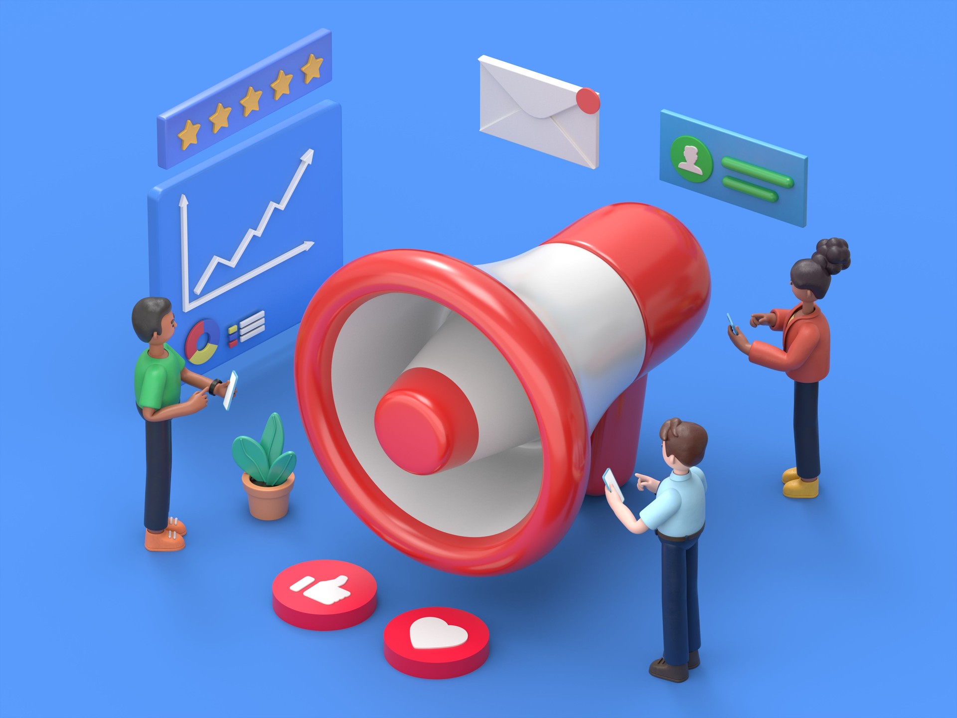 Social media marketing concept with characters. Can use for web banner, infographics, hero images. Flat isometric 3D illustration isolated on white background.