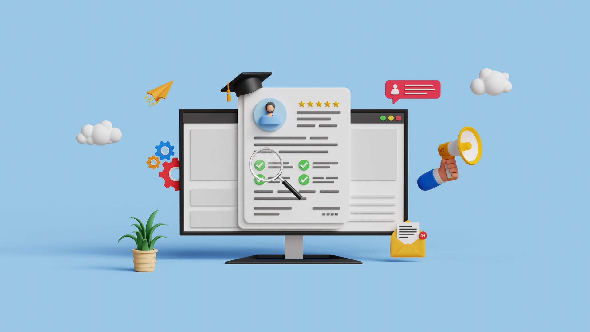 Employee searching and recruitment concept. Human resources, digital hiring process, job vacancy, talent acquisition. A magnifying glass examining a job resume on a computer. 3D Illustration